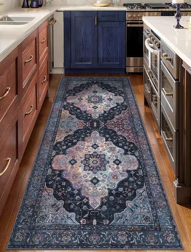 Tangsoo 2x6 Washable Runner Rug for Hallways, Non Slip Vintage Runner, Soft Low Pile Long Rug Runner, Print Distressed Navy/Mlulti Carpet Runners for Kitchen Bedroom Entryway Bathroom Living Room