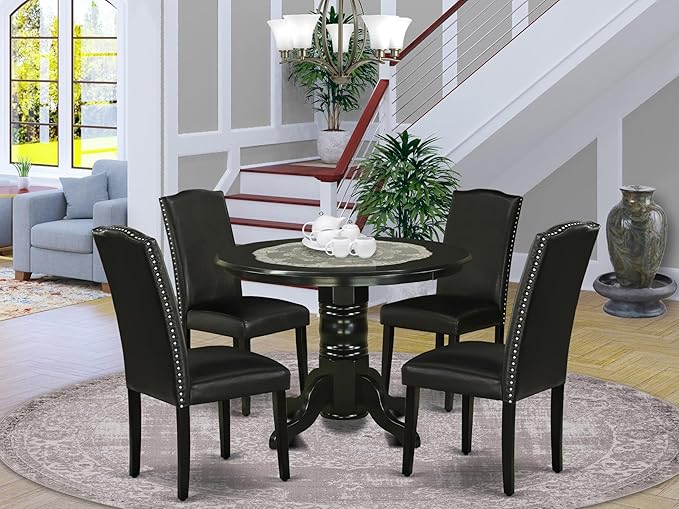 East West Furniture SHEN5-BLK-69 5 Piece Dining Room Table Set Includes a Round Kitchen Table with Pedestal and 4 Black Faux Leather Parson Dining Chairs, 42x42 Inch, Black