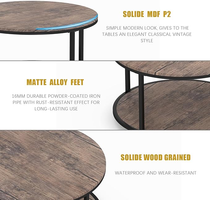 Round Coffee Table, Rustic Wooden Surface Top & Sturdy Metal Legs Industrial Sofa Table for Living Room Modern Design Home Furniture with Storage Open Shelf (Walnut, 25.6 in)