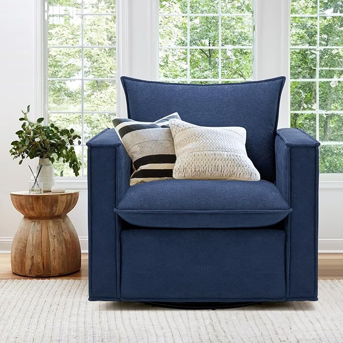 COLAMY Swivel Accent Chair Set of 2, 34 Inches Wide Upholstered Arm Chair with Plump Back Pillow, Modern Sofa Living Room Chair for Bedroom, Corner, Reading Nook-Blue
