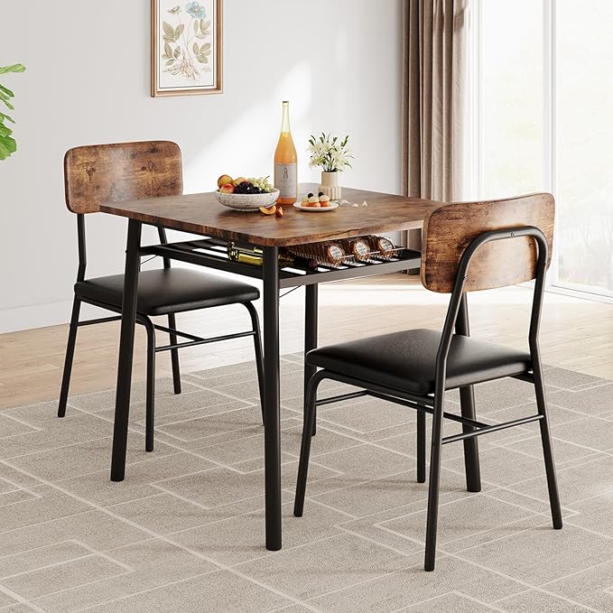 GarveeHome Dining Table for 2 with Storage Rack, Small Kitchen Table for 2 with Metal Frame, Square Table with Upholstered Chairs Set of 2, 3-Piece Dining Room Set for Small Space, Apartment, Brown