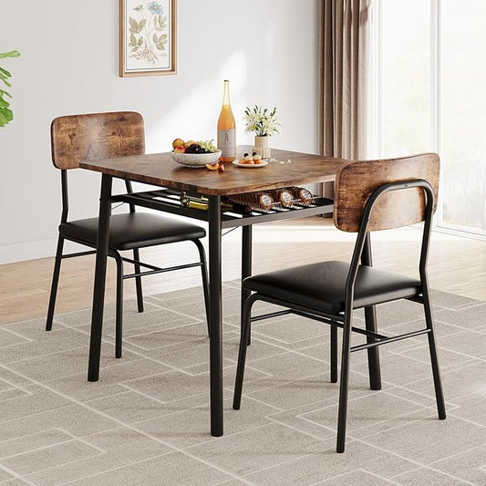 GarveeHome Dining Table for 2 with Storage Rack, Small Kitchen Table for 2 with Metal Frame, Square Table with Upholstered Chairs Set of 2, 3-Piece Dining Room Set for Small Space, Apartment, Brown