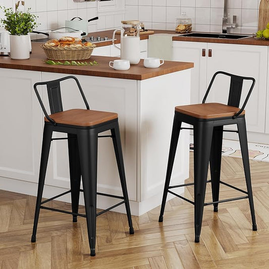 Yongchuang 26" Metal Barstools Set of 2 Counter Bar Stools with Wood Top Low Back Matte Black