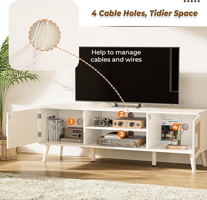 SUPERJARE TV Stand for 65 Inch TV, Entertainment Center with Adjustable Shelf, Rattan TV Console with 2 Cabinets, Media Console, Solid Wood Feet, 4 Cord Holes, for Living Room, White-8750W