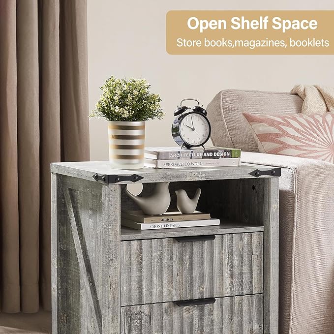 Grey Nightstand with Charging Station Set of 2-20 Inch Wide Farmhouse Fluted Bedside Table with 2 Drawers, Modern Wood End Side Table for Bedroom Study Storage Home