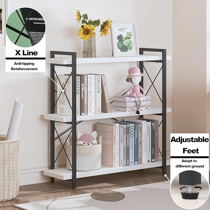 HCHQHS Bookshelf, 3-Tier Industrial Bookcase, Open Book Shelf, Freestanding Horizontal Bookshelves with Metal Frame