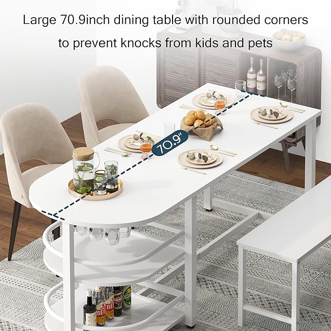 soges Dining Table for 4-6 Person, 71 inch Long Kitchen Dining Table for Living Room and Dining Room, Dinner Table with Storage Shelf & Cup Holder, Metal Legs(Only Table), White
