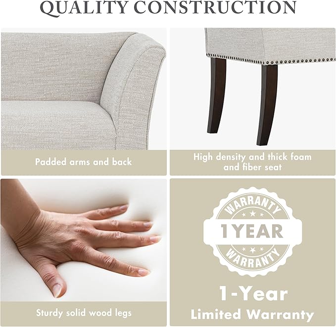 Madison Park Accent Bench for Living Room, Upholstered with Nailhead Trim, & Padded Seat Entryway Bench Small, End of Bed Bench with Back, 49.5" W x 19.25" D x 23" H, White Cream