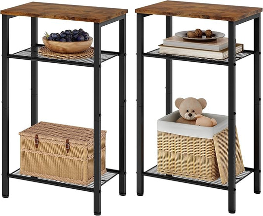 Hoctieon 2-Set 3 Tier End Table, Telephone Table Set of 2, Tall Side Table with Storage Set of 2, Small Nightstand for Small Spaces, Metal Frame, for Living Room, Bedroom, Sofa Couch, Rustic Brown
