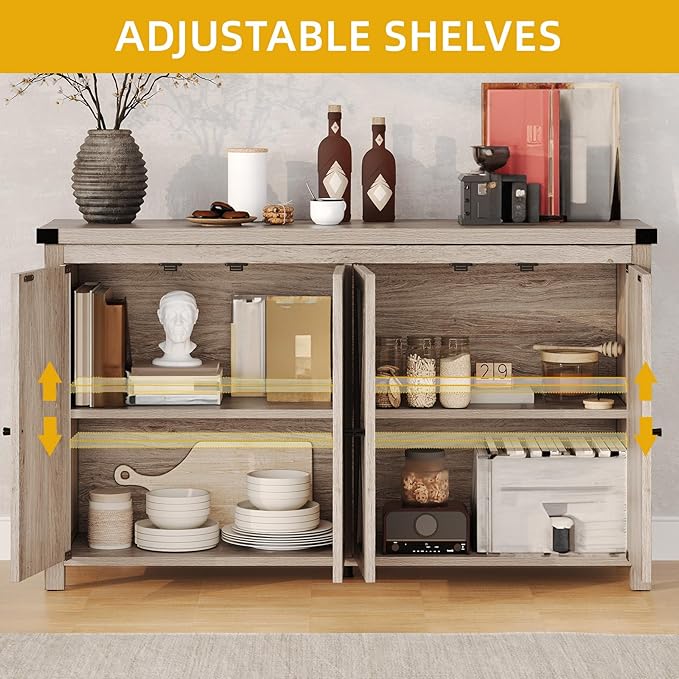 DWVO 55'' Sideboard Buffet Cabinet with Storage, Farmhouse Kitchen Storage Cabinet with Doors, Large Coffee Bar Cabinets with Adjustable Shelves for Kitchen, Living Room, Grey