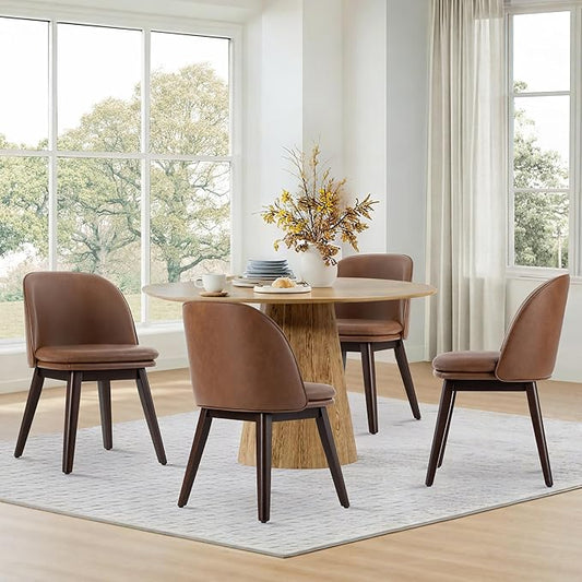 Wooden Dining Chairs Set of 4, Faux Leather Upholstered Modern Dining Room Chairs with Double-Layer Thick Seat Cushion & Ergonomic Backrest for Restaurant, Kitchen and Café, Brown, 2 Boxs
