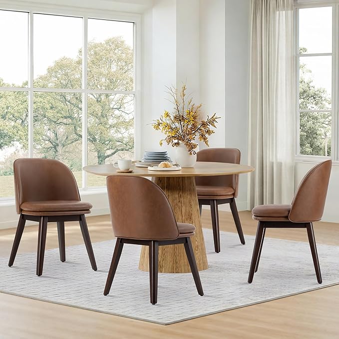 Wooden Dining Chairs Set of 2, Faux Leather Upholstered Modern Dining Room Chairs with Double-Layer Thick Seat Cushion & Ergonomic Backrest for Restaurant, Kitchen and Café, Brown