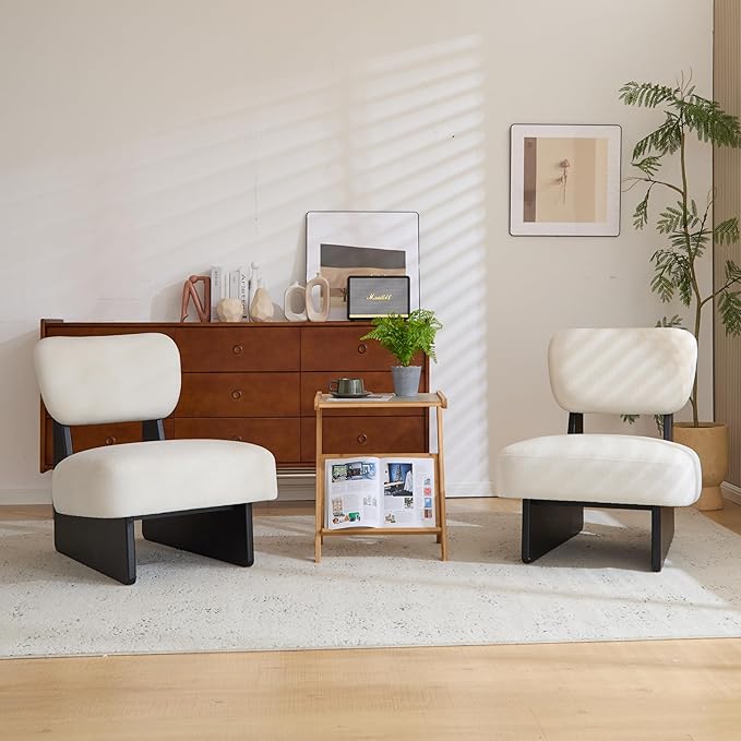 Christopher Knight Home Mores Low Profile Accent Chair Set of 2, Modern Living Room Armless Lounge Chair, Fabric Comfy Reading Chair for Bedroom, Wooden Frame and Thick Padded Seat, Black+White