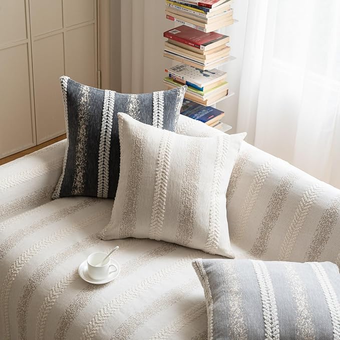 Pack of 1 Decorative Throw Pillow Covers 20x20 Inch, Pillow Cases for Living Room Couch Bedroom Farmhouse Home Decor, Soft Stripe Chenille Cushion Covers for Sofa Beige,20''x20''