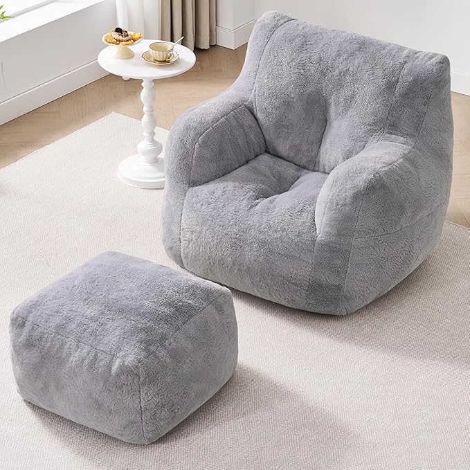 Giant Bean Bag Chairs for Adults with Ottoman, Faux Fur Boneless Chaise Couch Filler with Memory Foam,Large BeanBag Lounge Lazy Floor Sofa Accent Chair for Living Room,Bedroom & Game Rooms