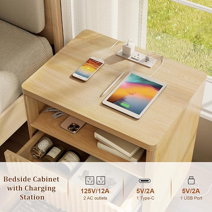 LYNCOHOME Fluted Nightstand Set of 2 with Charging Station, 19.7 inch Wide with 2 Drawers, Modern Wood Bedside Table for Bedroom, Natural