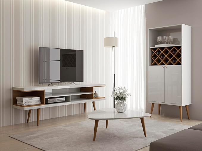 Manhattan Comfort Utopia Collection Mid Century Modern TV Stand With Open 3 Open Shelves and Two Open Cubbies, White/Wood (19752)