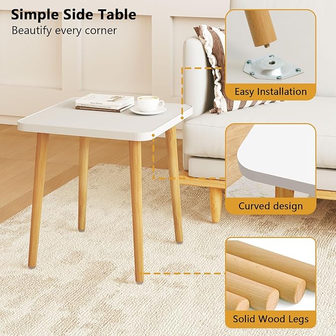 Simple End Table,Modern Side Table with 4 Solid Wood Sturdy Legs for Living Room,Nightstand Bedside Table for Bedroom Balcony (White)