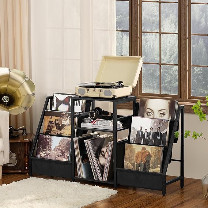 LELELINKY Black End Table,Record Player Stand with Vinyl Storage,3 Tier Side Table with Display Shelf Storage Up to 180 Albums, Large Record Holder for for Media Stereo Speaker, Amplifiers, Magazines