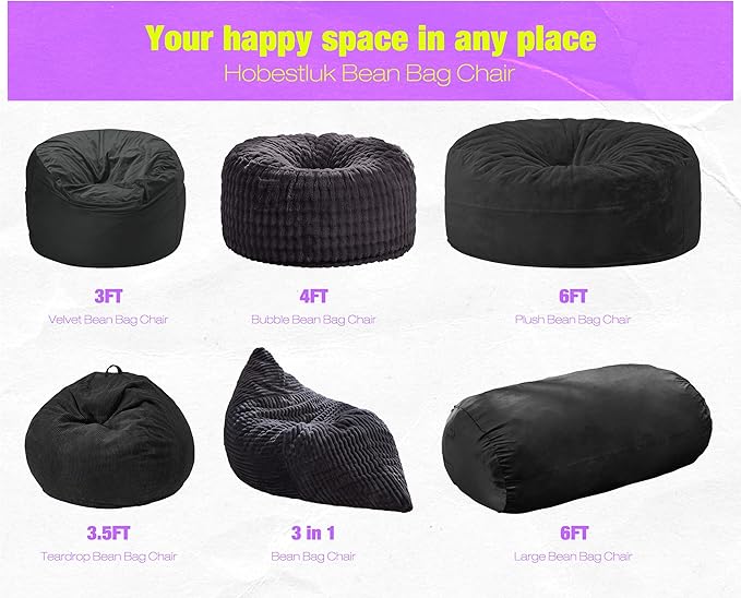 Hobestluk 6FT Bean Bag Chair Large Beanbag Lounger with Removable Cover Adult Bean Bag Chair with Portable Handle Desgin for Living Room Bedroom (Black, 6FT)