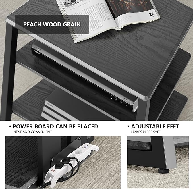 FITUEYES Design 4-Tier AV Media Stand Corner Shelf Stand Wooden Corner Shelves Component Cabinet Stereo Rack Audio Tower with Height Adjustable Wooden Shelves for/Xbox One/ps4 (Black)