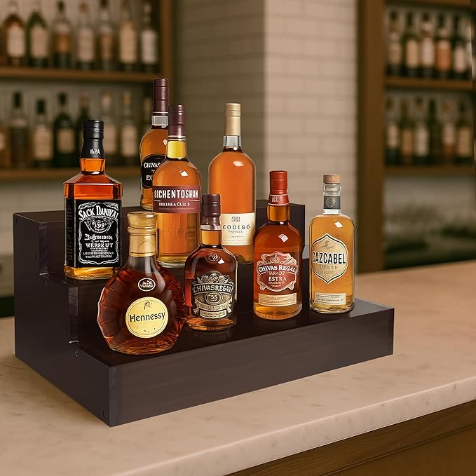 Royxen Wood Liquor Bottle Shelf 3 Tier Bar Shelf Freestanding Vintage Liquor Bar Stand for Home Bar Decor (Brown, 16 Inch Wide)