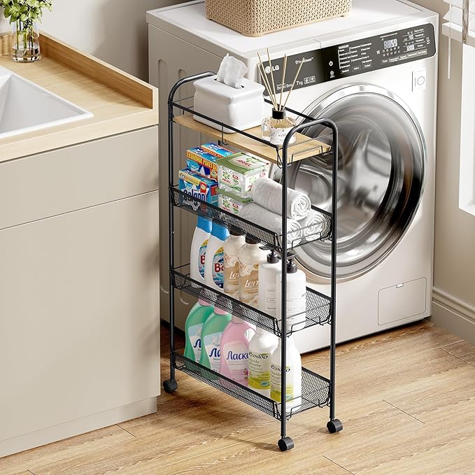 KINGRACK Metal Slim Rolling Cart,4-Tier Metal Utility Cart,Storage Cart with Wooden Tabletop, for Narrow Space on Laundry Bathroom Kitchen Room Bedroom Apartments Dormitory (Pure Black, Slim)