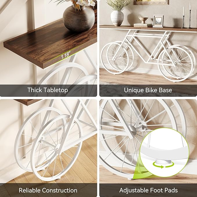 LITTLE TREE Narrow Sofa Table, 70.9-Inch Extra Long Console Table for Living Room, Entryway, with Unique Bicycle Metal Base. White and Brown