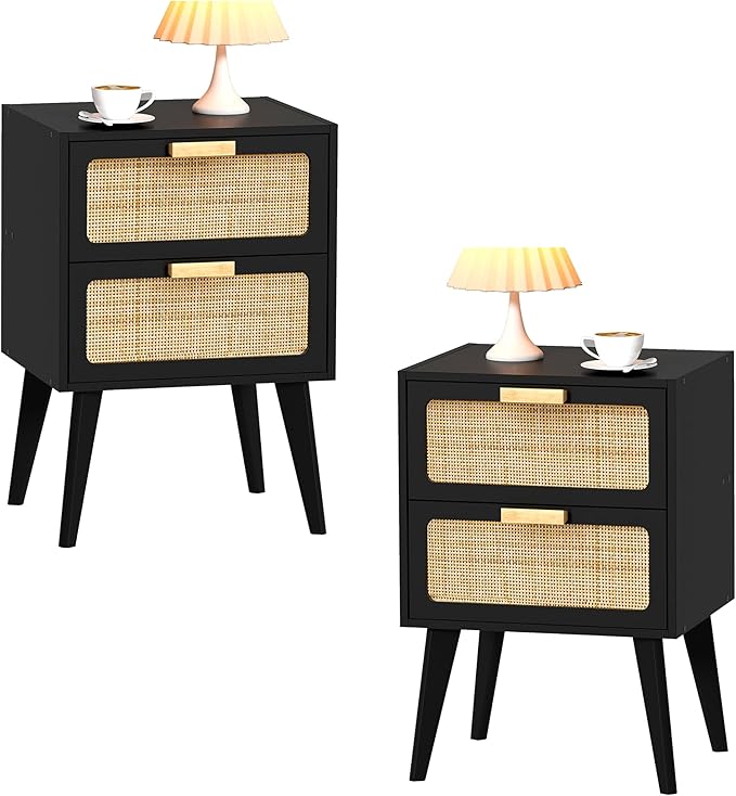 Rattan Nightstand Set of 2,Mid Century Modern Bedside Table with Storage,End Table,Side Table with 2 Hand Made Rattan Decorated Drawers for Livingroom, Bedroom, Black CTG59B-2