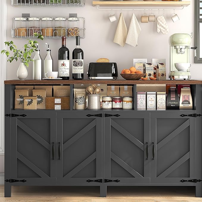 Buffet Sideboard with Storage Farmhouse with 4 Doors, 55'' Large Kitchen Storage Cabinet Wood Coffee Bar Cabinet Buffet Table with Shelves for Kitchen, Dining Room, Entryway (Black, 55 in)