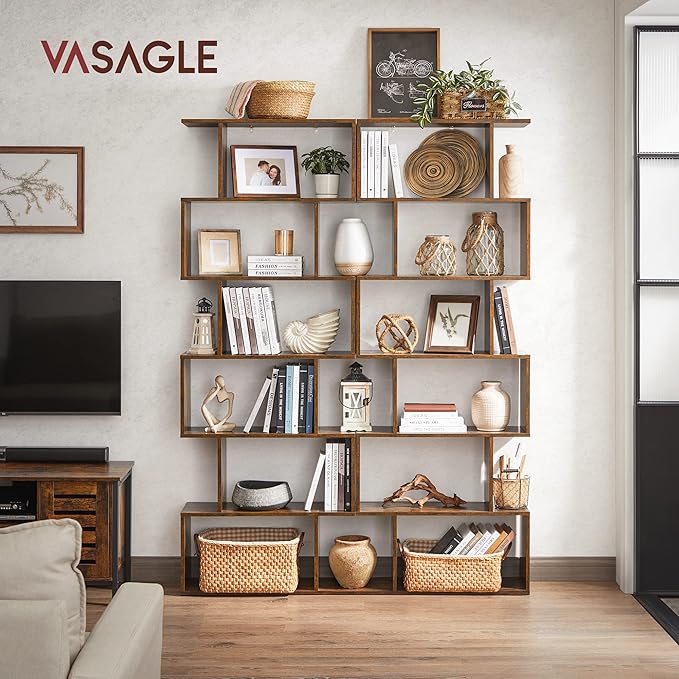 VASAGLE 6-Tier Bookshelf, Tall Display Shelf, Freestanding Storage Shelf, Rustic Brown ULBC61BX Tree-Shaped Bookcase with 13 Storage Shelves, 9.8”D x 33.9”W x 55.1”H, Rustic Brown ULBC67BXV1