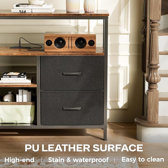 Huuger TV Stand Dresser with Power Outlets and LED Lights, 4 Drawers Entertainment Center with Open Shelf, Media Console for 50 43 Inch TV, Dresser with PU Finish, Rustic Brown and Black