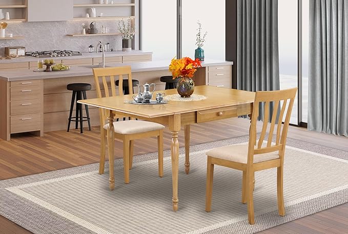 East West Furniture MZAN3-OAK-C 3 Piece Dining Room Table Set Contains a Rectangle Kitchen Table with Dropleaf and 2 Linen Fabric Upholstered Dining Chairs, 36x54 Inch, Oak