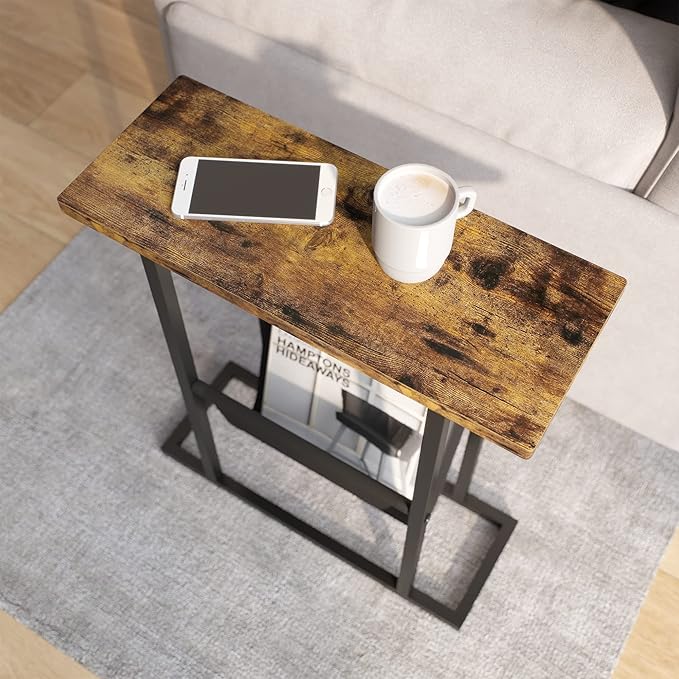 Yusong Small Narrow Side Table for Small Spaces, 17.7" W Slim End Table Magazine Table Nightstand with Storage Holder, Accent Skinny Snack Couch Bedside Table, Rustic Brown, Complete Iron Pipes