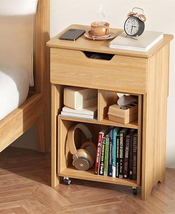 End Table Small Night Stand for Small Spaces Narrow Side Tables Bedside Table with Drawer Rolling Open Storage Shelf Accent Vintage Farmhouse Nightstand with Wheels for Living Room Bedroom Balcony