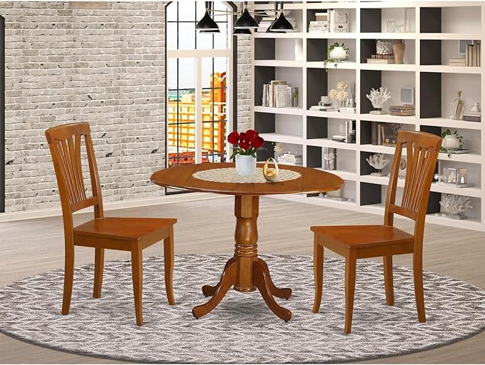 East West Furniture DLAV3-SBR-W 3 Piece Dining Table Set for Small Spaces Contains a Round Dining Room Table with Dropleaf and 2 Wood Seat Chairs, 42x42 Inch, Saddle Brown
