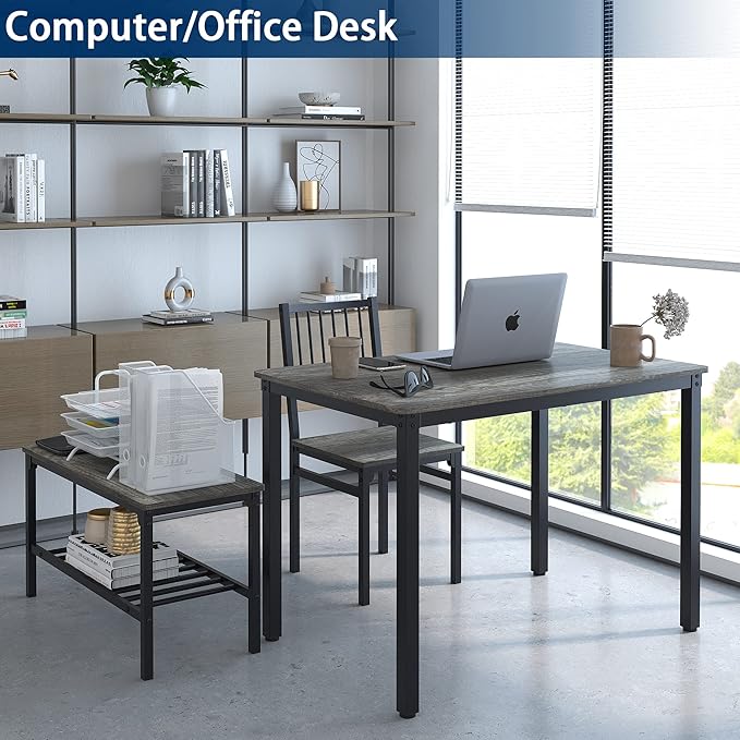 Teraves Dining Table Set for 4/Computer Desk,Kitchen Table with 2 Chairs and a Bench,Table and Chairs Dining Set 4 Picce Set for Dining Room (Black Oak+Black Frame,120CM)