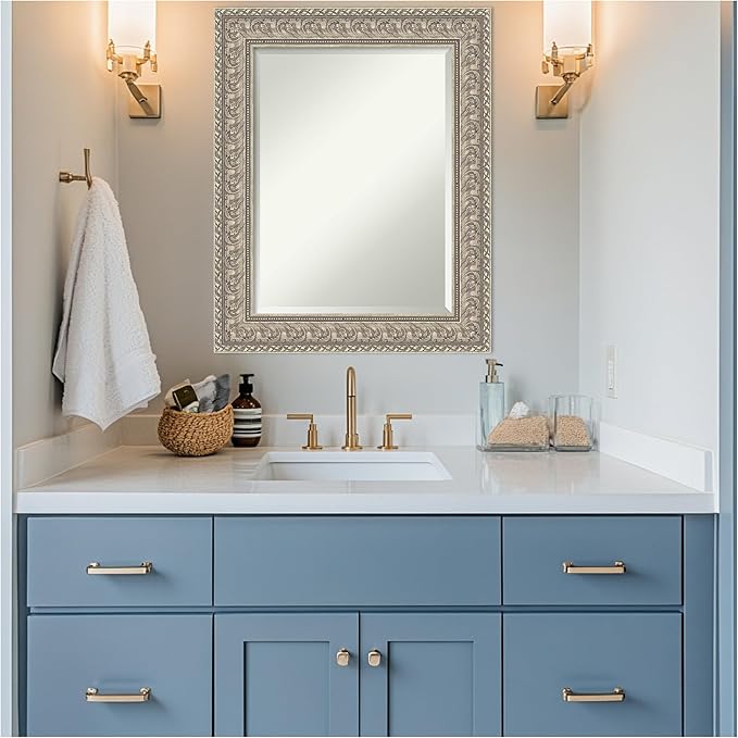 Amanti Art Silver Bathroom Mirror for Over Sink, 31x25 Sydney Silver Rectangle Vanity Mirror, Medium Traditional Frame, Hangs Horizonally and Vertically, Bathroom Wall Decor, Beveled Edge