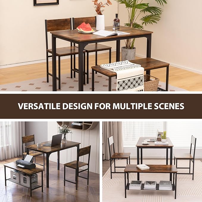 Giantex Dining Table Set for 4, Kitchen Table with Bench and Chairs, Industrial Gathering Bench Dining Set W/Metal Frame & Storage Rack, Dinette Set, Modern Functional Desk Set (Coffee)