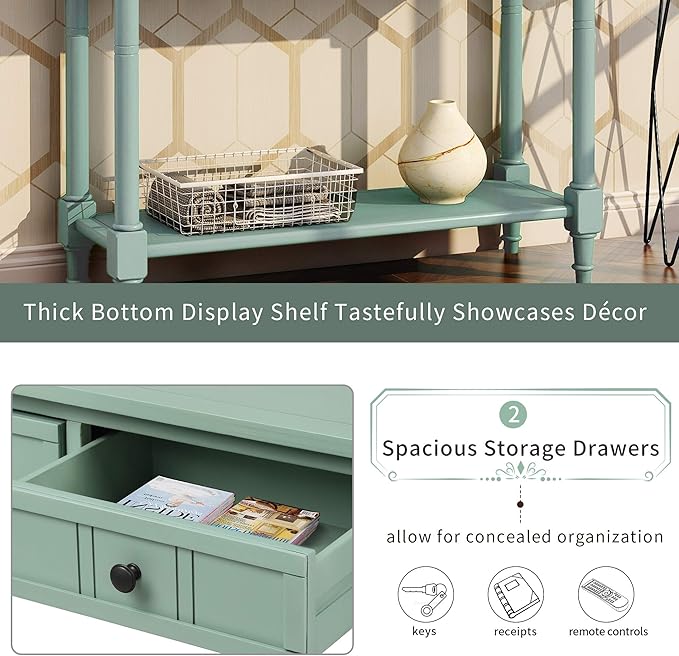 Merax Wood Farmhouse Entry Way Hallway Console Table with Drawers and Bottom Shelf Narrow Blue