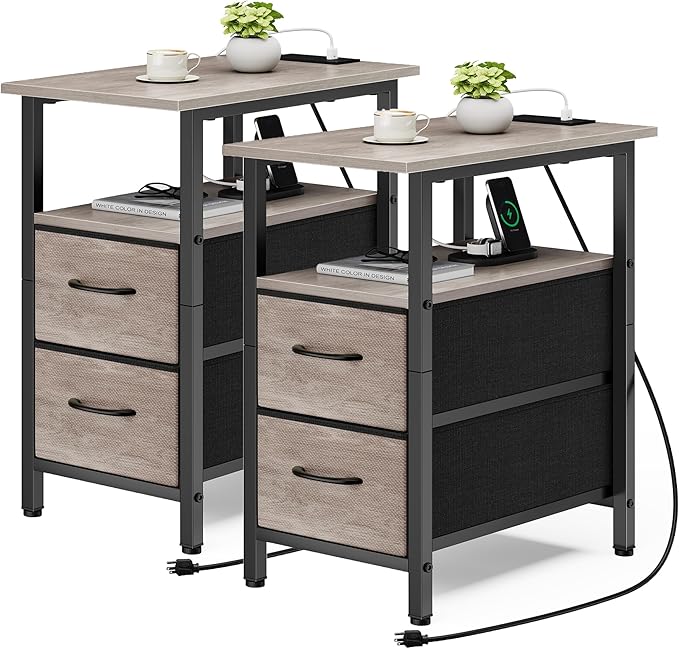 Vagusicc End Table with Charging Station Set of 2, Narrow Side Table, 23.8'' Tall Nightstand with 2 Drawers, Small Sofa Side Table Narrow Nightstand for Small Spaces, Living Room, Bedroom, Rustic Grey