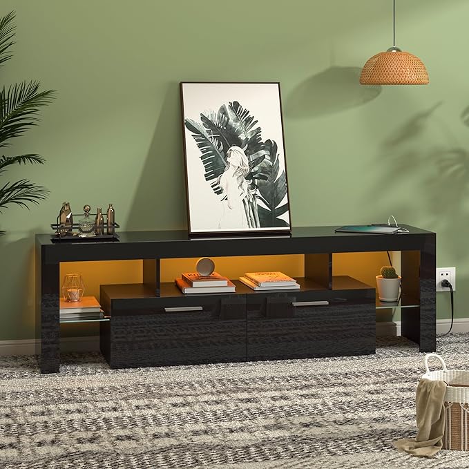 Clikuutory Modern LED Black 67 inch TV Stand with Power Outlet and Large Storage for 40 50 55 60 65 70 75 Inch TVs, Wood TV Console with High Glossy Entertainment Center for Living Room, Bedroom