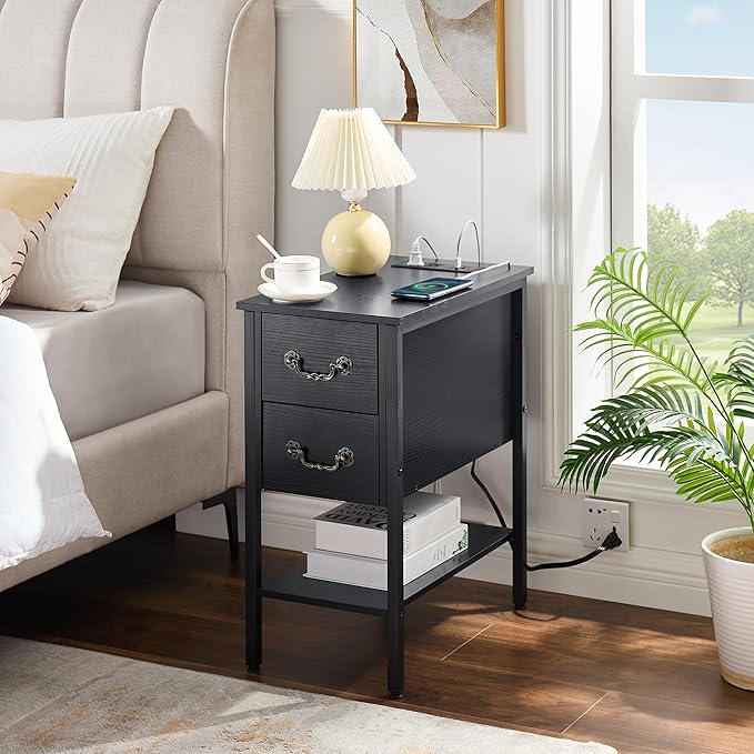 VECELO End Tables,Narrow Nightstands with Charging Station & USB Ports &Drawers,Night Stand for Living Room, Bedroom,Black