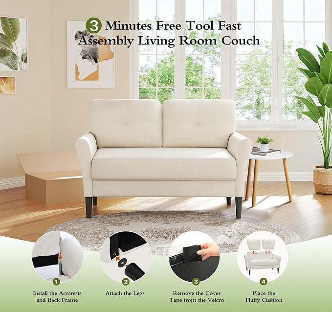 Small Sofa Couch, 48" Loveseat Sofa, Soft Velvet Love Seat Couches, Small Couch for Bedroom with 21" Deep Seat, Comfy Couches for Living Room, Tool-Free Setup Sofas for Living Room, White