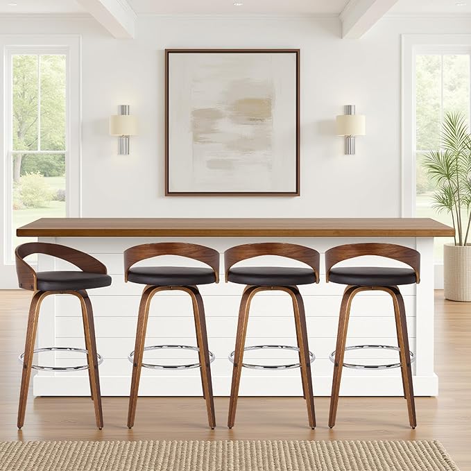 Armen Living Sonia 30" Bar Height Swivel Brown Faux Leather and Walnut Wood Bar Stool - Set of 3