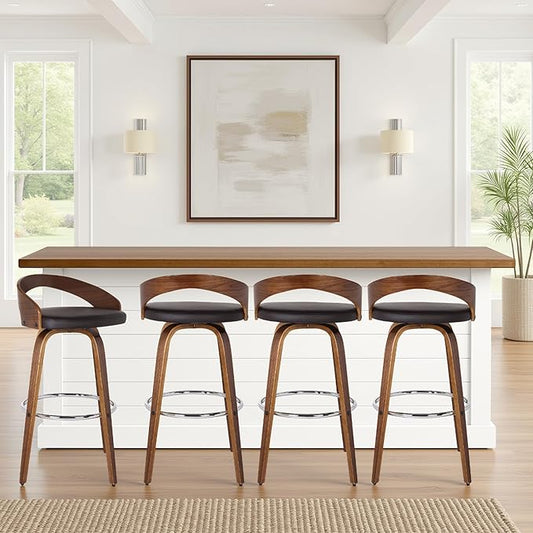 Armen Living Sonia 30" Bar Height Swivel Brown Faux Leather and Walnut Wood Bar Stool - Set of 3