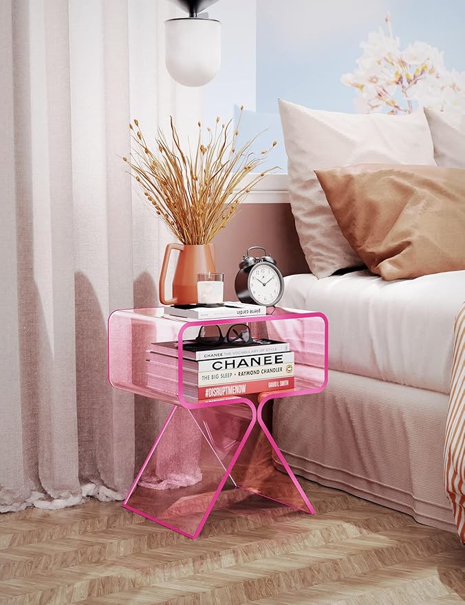 Acrylic Nightstand Side Table Modern Design Clear Home Decor Display End Table for Living Room (Pink)
