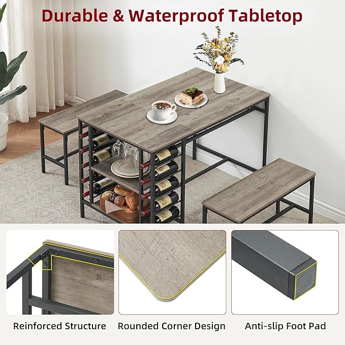 IDEALHOUSE Dining Table Set for 4, Kitchen Table Set for 4 with 2 Benches, Rectangular Dining Room Table Set with Wine Rack, 3 Piece Dining Table Set for Small Space Apartment, Grey