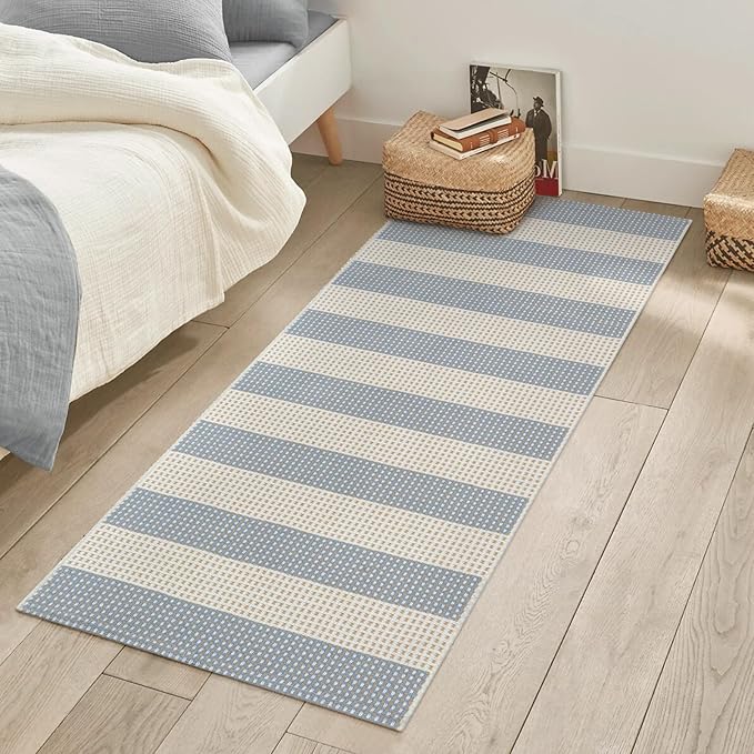 OJIA Outdoor Porch Rug Front Door Mat 24'x51, Washable Checkered Entry Striped Front Door Rug Cotton Woven Kitchen Carpet Small Area Rug for Entryway Patio Bedroom Bathroom (Blue/White/Tan)