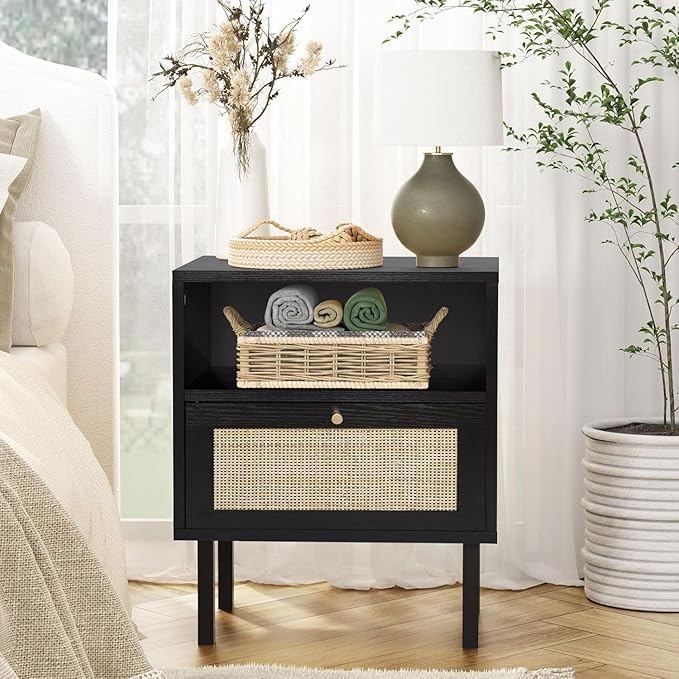 Rattan Night Stand Set 2, Boho Bedside Table Black Nightstand with Rattan Door, Storage Cabinet, Open Storage Space & Sturdy Metal Legs, Accent Bed Side Table, Wood End Tables Bedroom